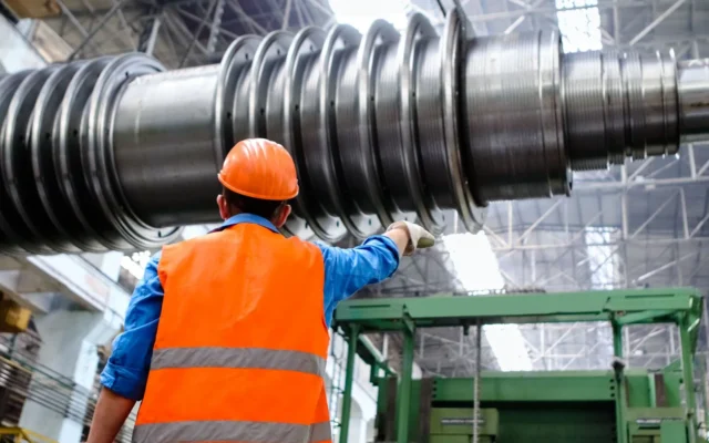 Lucrător cu cască și vestă portocalie lângă o piesă metalică într-o hală industrială