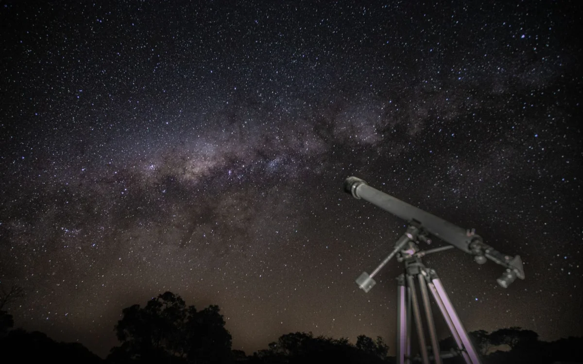 Telescop pe trepied sub un cer înstelat, cu siluete de arbori la orizont