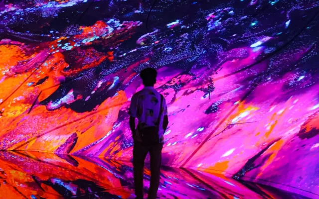 Persoană într-o instalație cu proiecții luminoase colorate